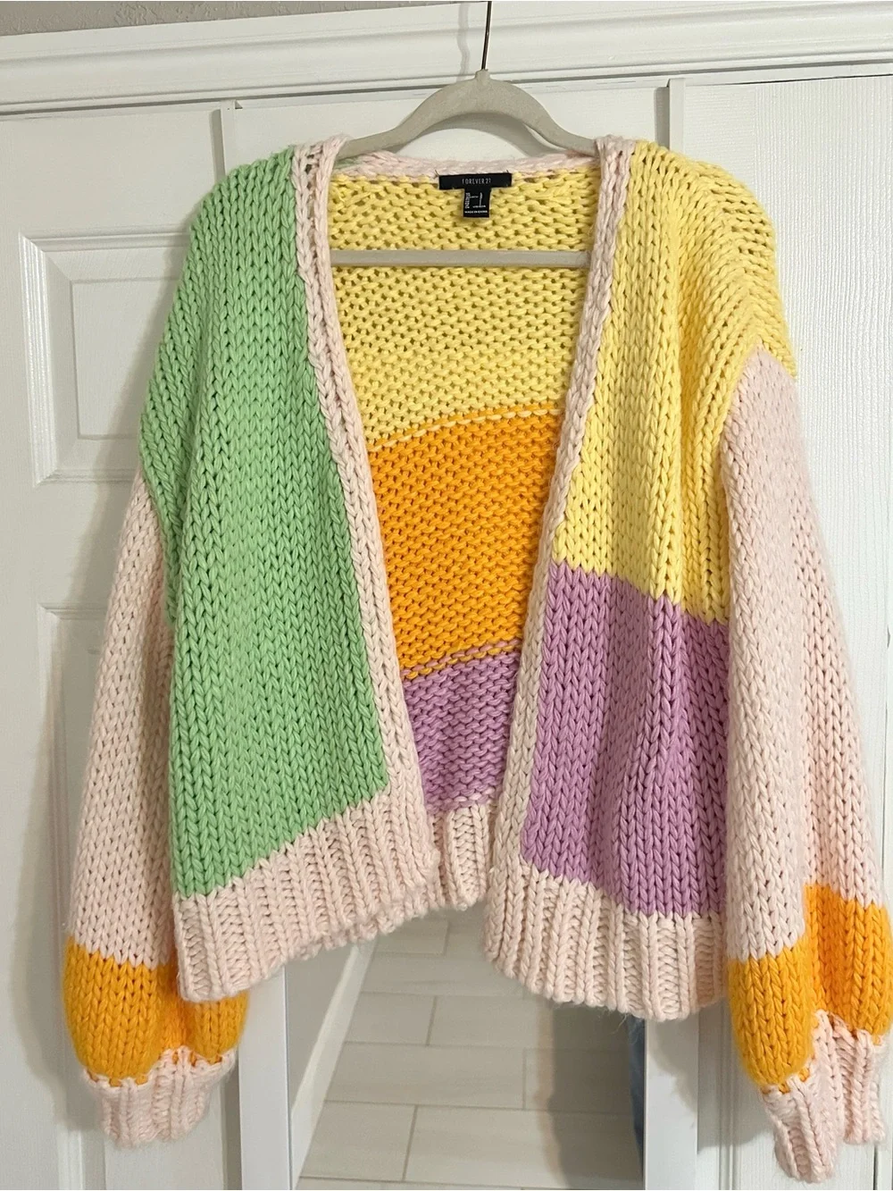Forever 21 Colorblock Chunky Knit Cardigan - Pink, Yellow & Green L